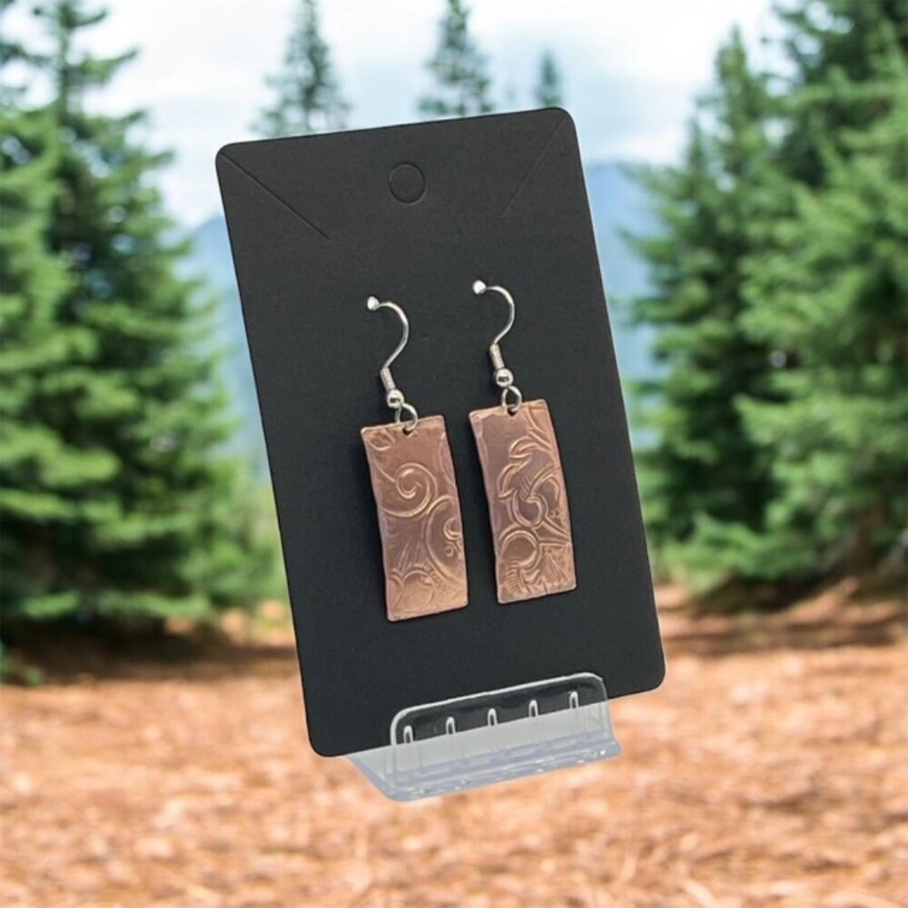 Artisan Etched Boho Copper Rectangle Earrings - image 1